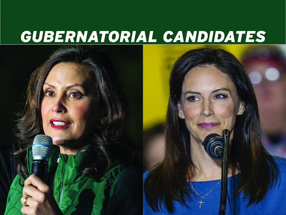 Left photo, Gretchen Whitmer, by Sonya Barlow. Right photo, Tudor Dixon, by Chloe Trofatter. 